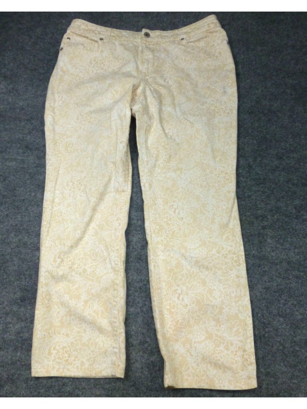 Chicos Platinum Denim Beige Floral Print Pants Size 1.5 Cotton/Spandex Blend 18"